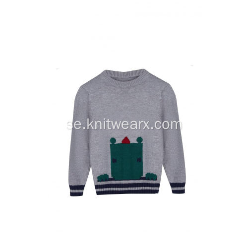 Boy's Stickad Jacquard Castle Crew Neck Pullover